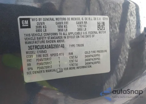 2010 GMC Sierra 1500 Sl z USA, uszkodzony, nr VIN 3GTRCUEA0AG299140